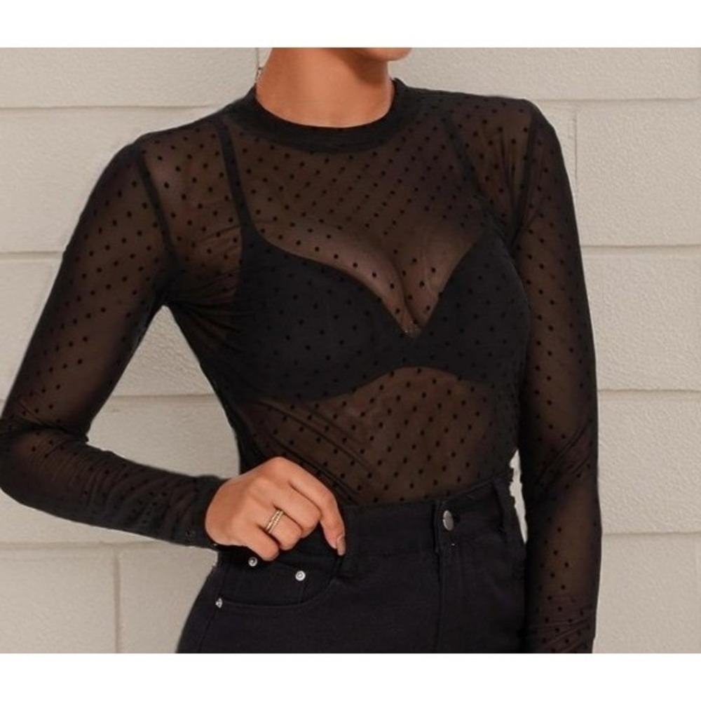 Akewei Whimsy Goth SHEER black mini velour polka dot Women L layer top lg. Sleev